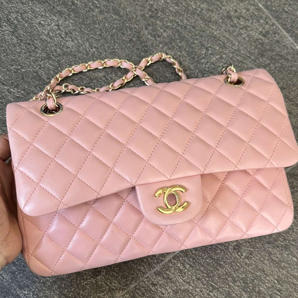 Pre_Love CHANEL Pink Double Flat 💯Lambskin With Gold Chain 2017-2018